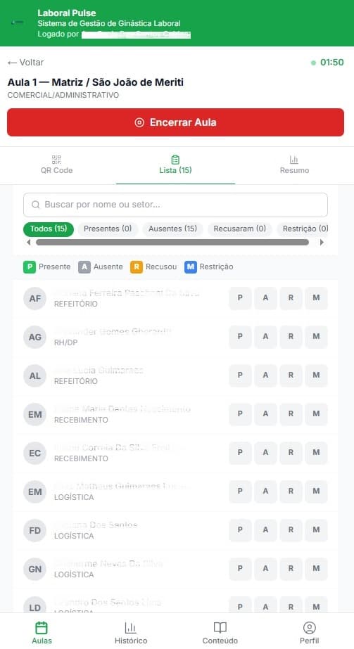 Tela de lista de presença do Laboral Pulse